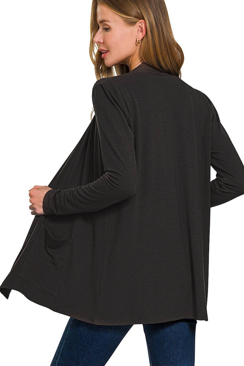 The Arden Black Open-Front Cardigan with Pockets