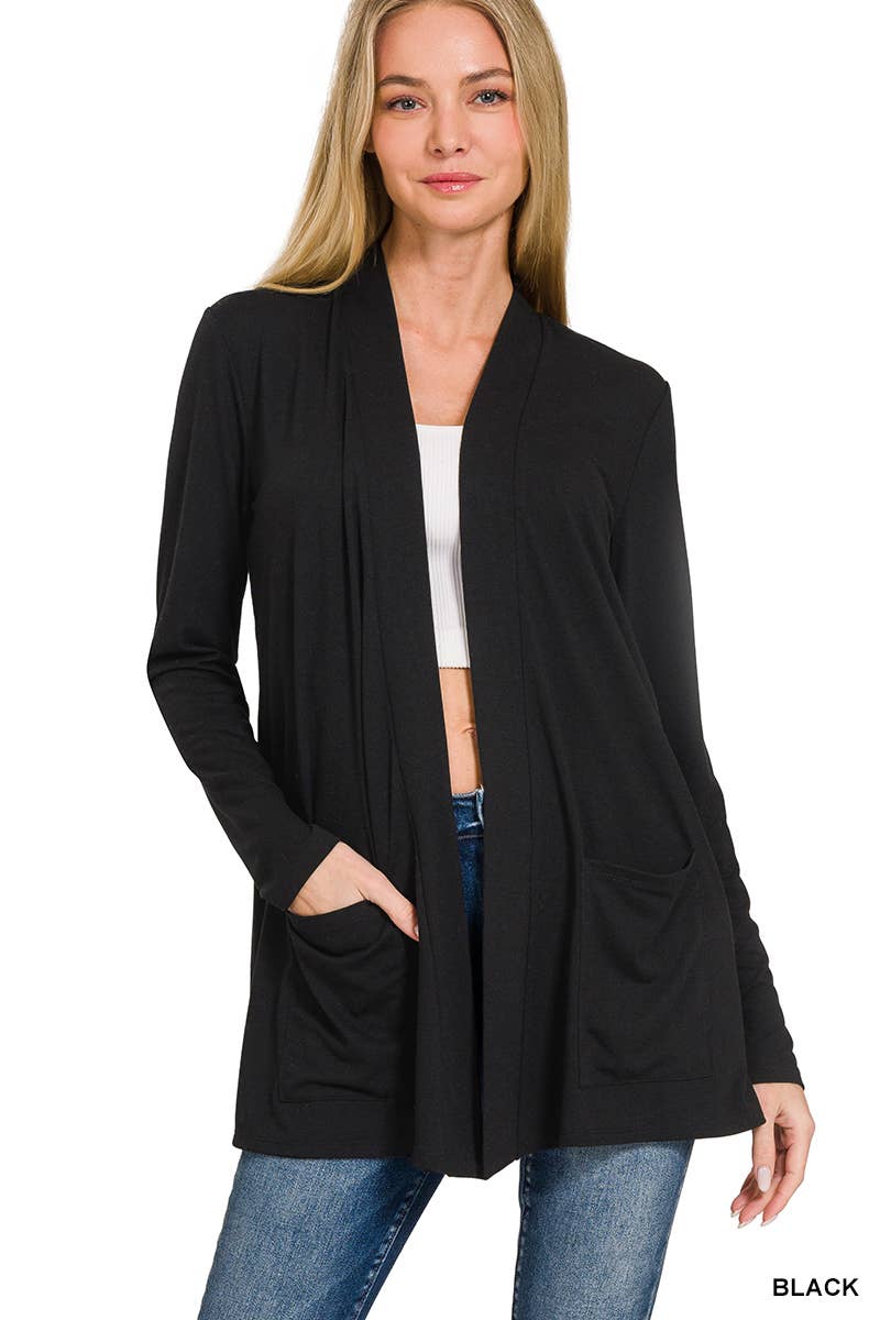 Women’s black layering cardigan for office, casual, or travel outfits.