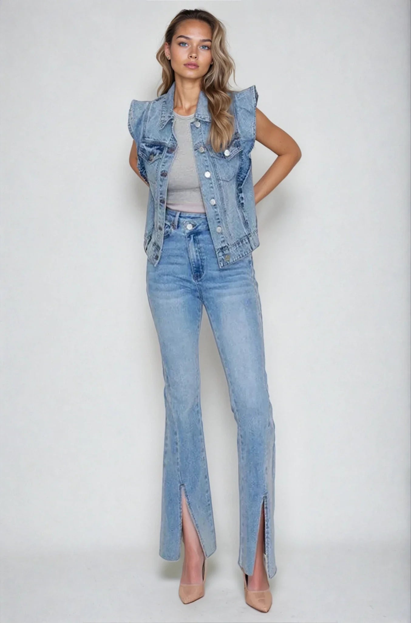 4 left! Victorian Charm Ruffle-Trim Denim Vest Jacket – Sleeveless Statement Layer- Light Denim