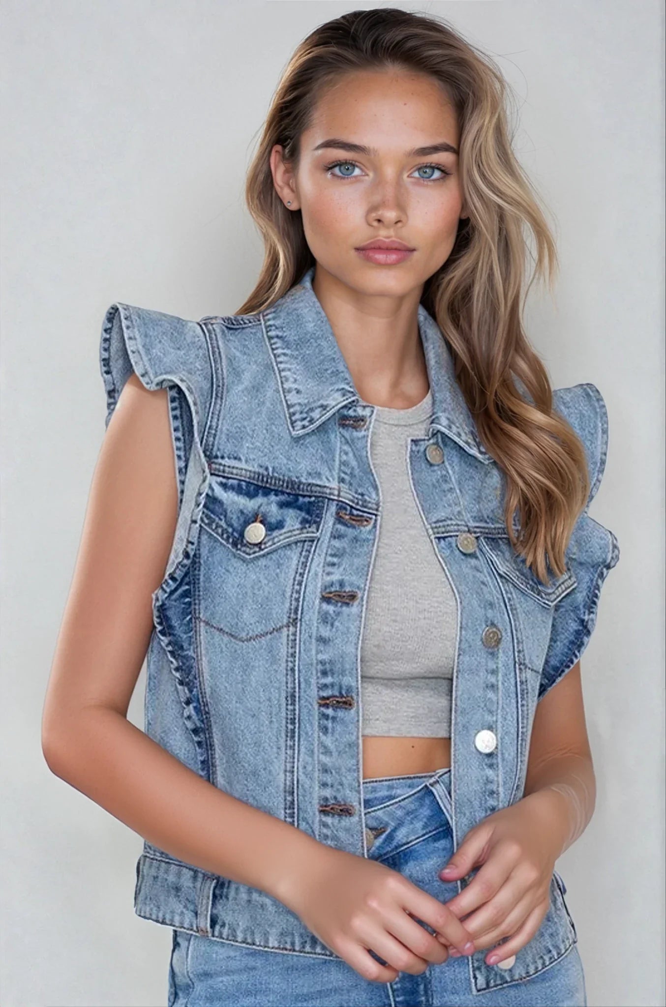 4 left! Victorian Charm Ruffle-Trim Denim Vest Jacket – Sleeveless Statement Layer- Light Denim