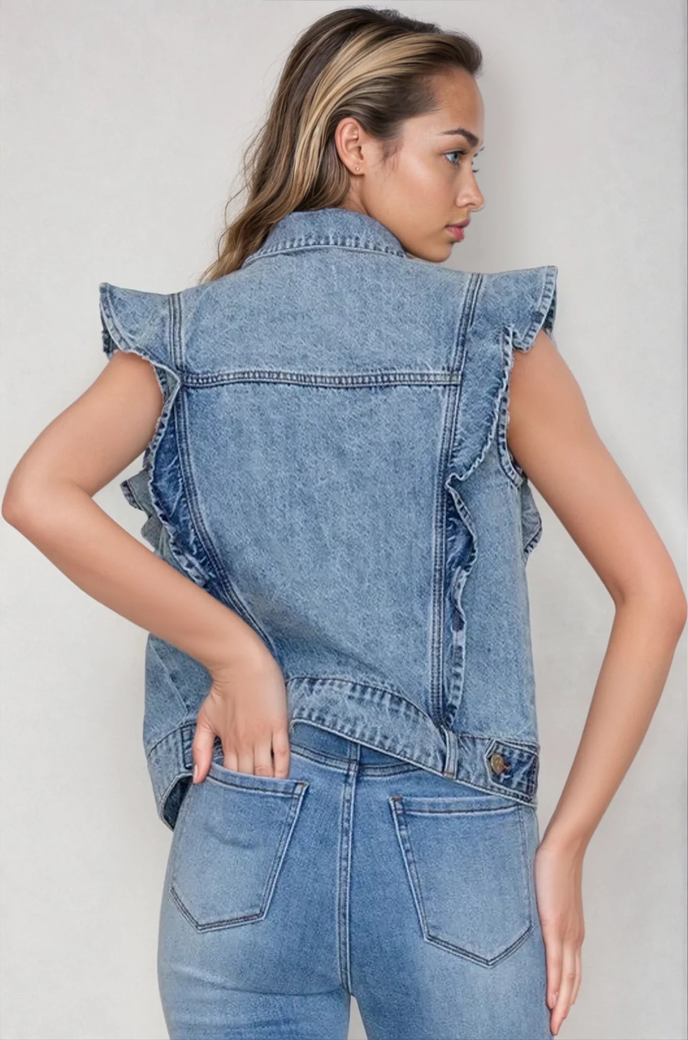 4 left! Victorian Charm Ruffle-Trim Denim Vest Jacket – Sleeveless Statement Layer- Light Denim