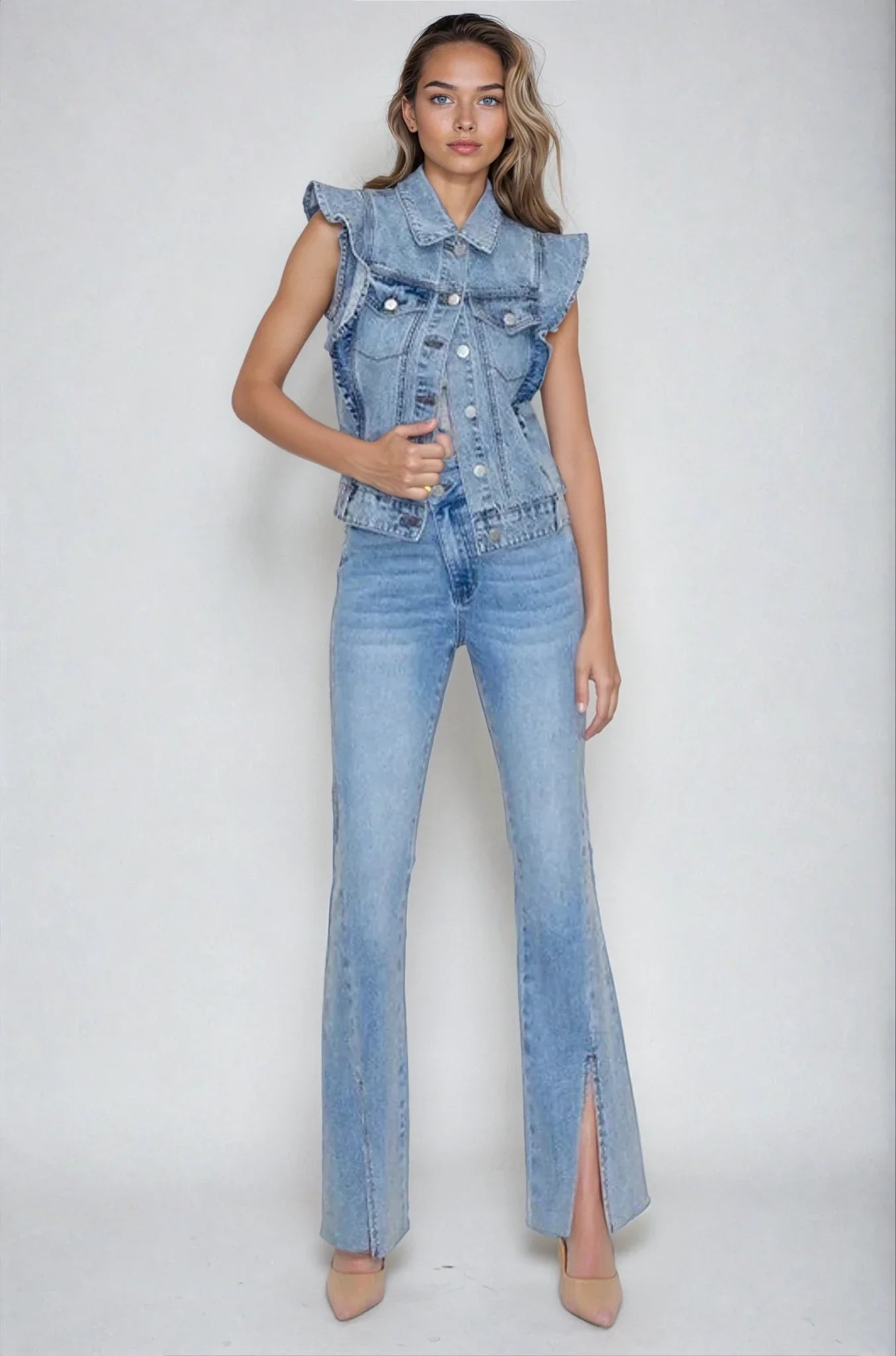 4 left! Victorian Charm Ruffle-Trim Denim Vest Jacket – Sleeveless Statement Layer- Light Denim