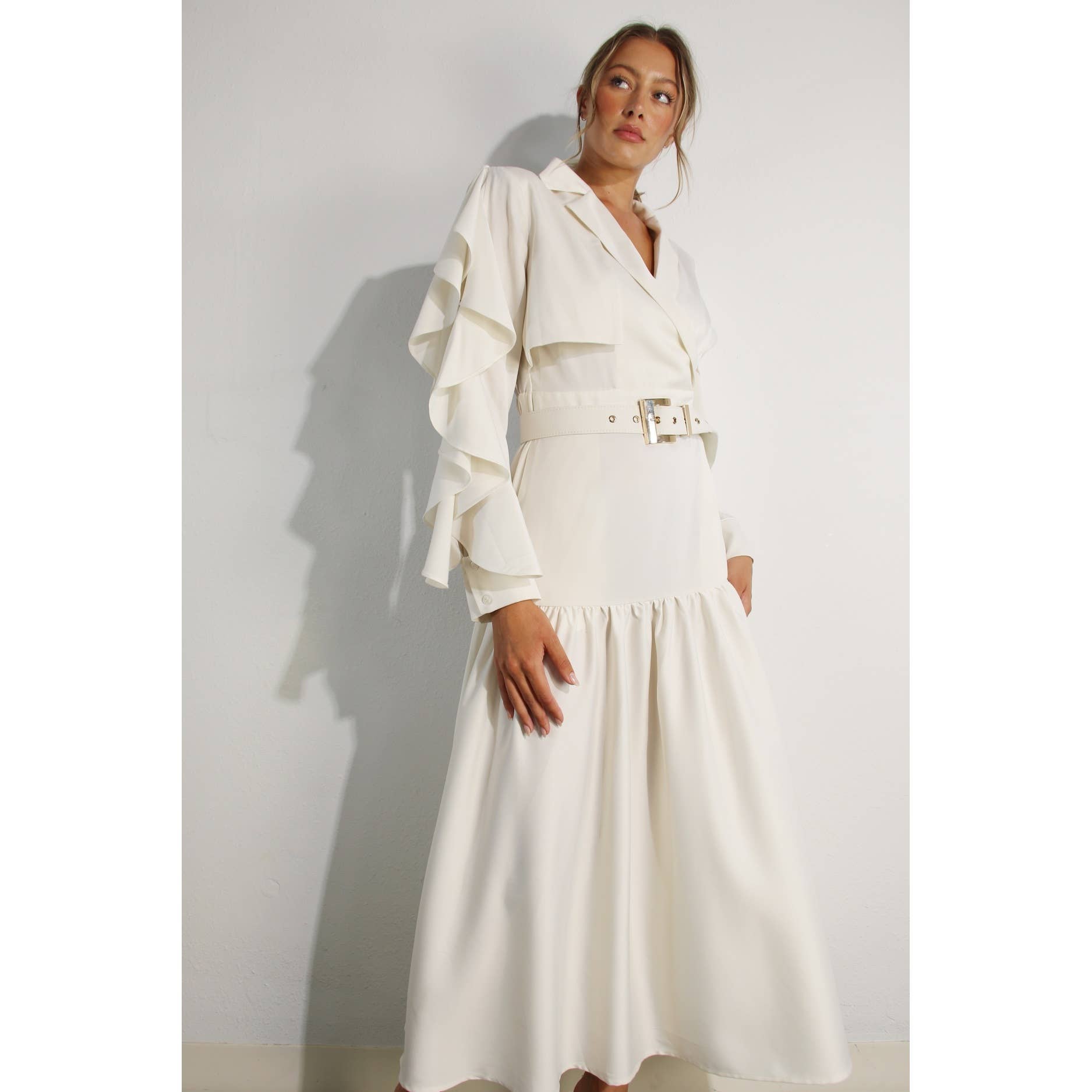 The Dylan Collared Long Ruffle Sleeve Dress