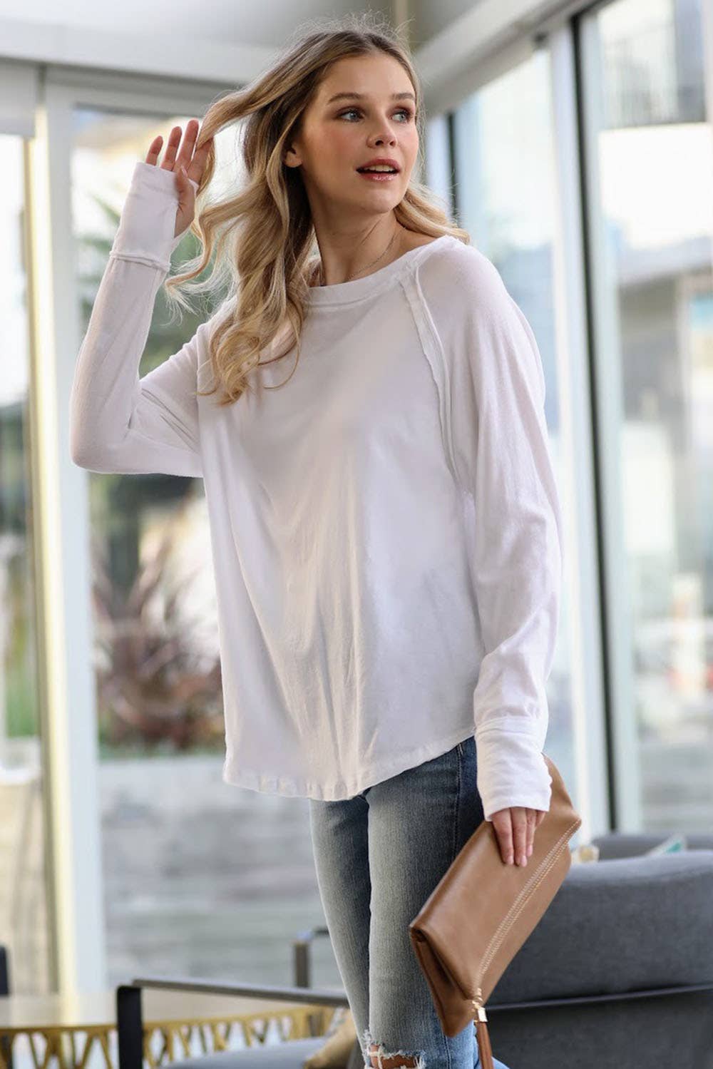 Relaxed fit long sleeve shirt in red, black, and white for everyday wear.