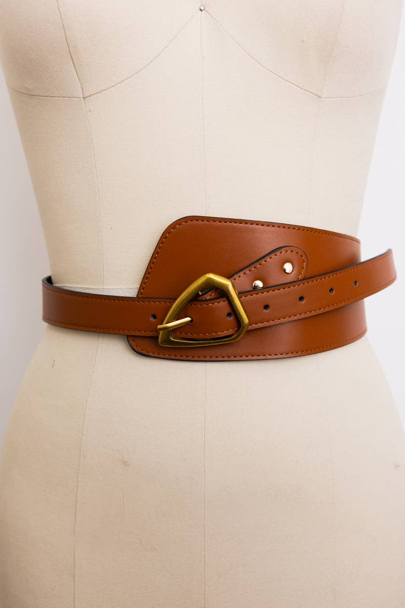 Pre-order: Asymmetrical Buckle Wide Waist Belt- Camel