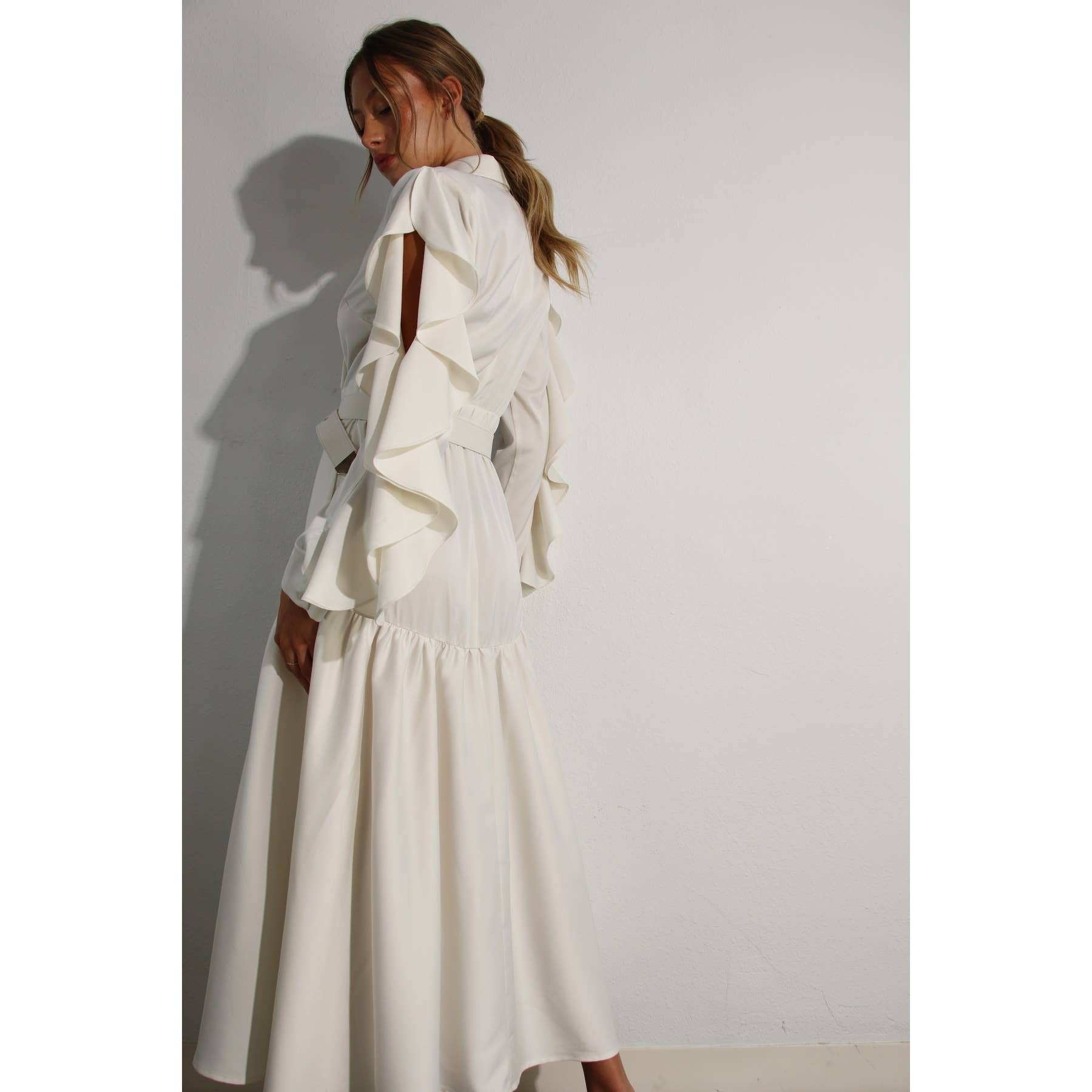 The Dylan Collared Long Ruffle Sleeve Dress