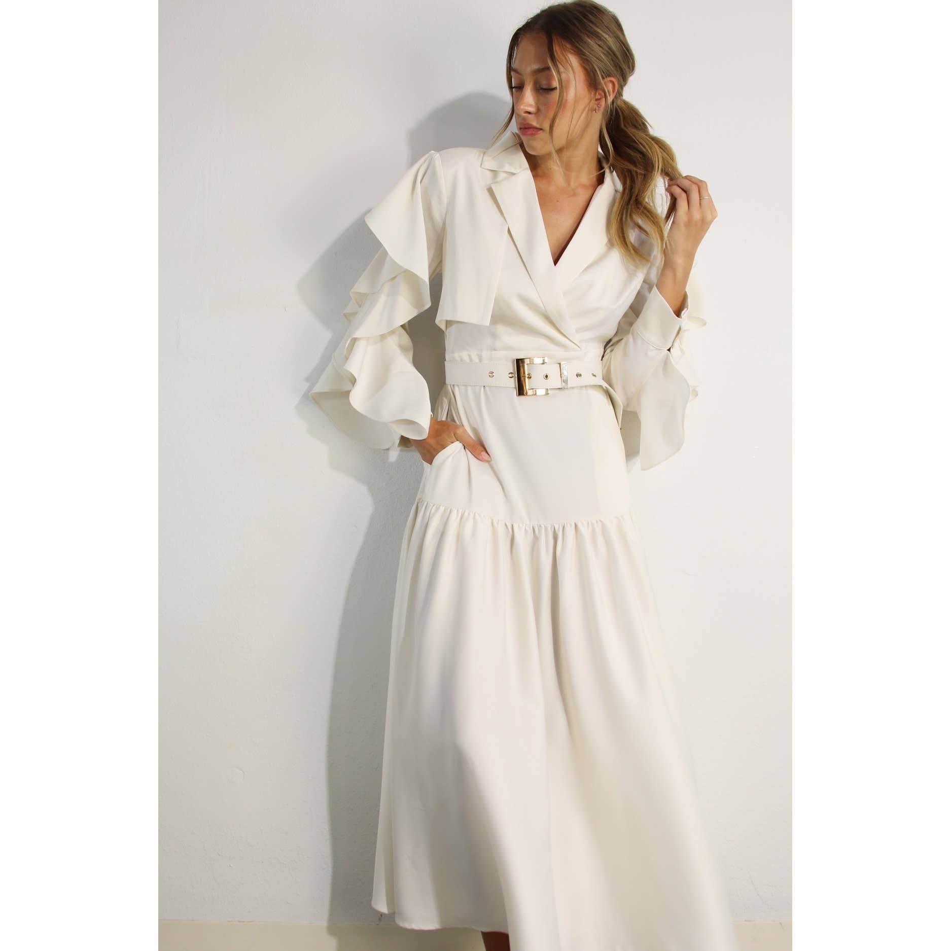 The Dylan Collared Long Ruffle Sleeve Dress