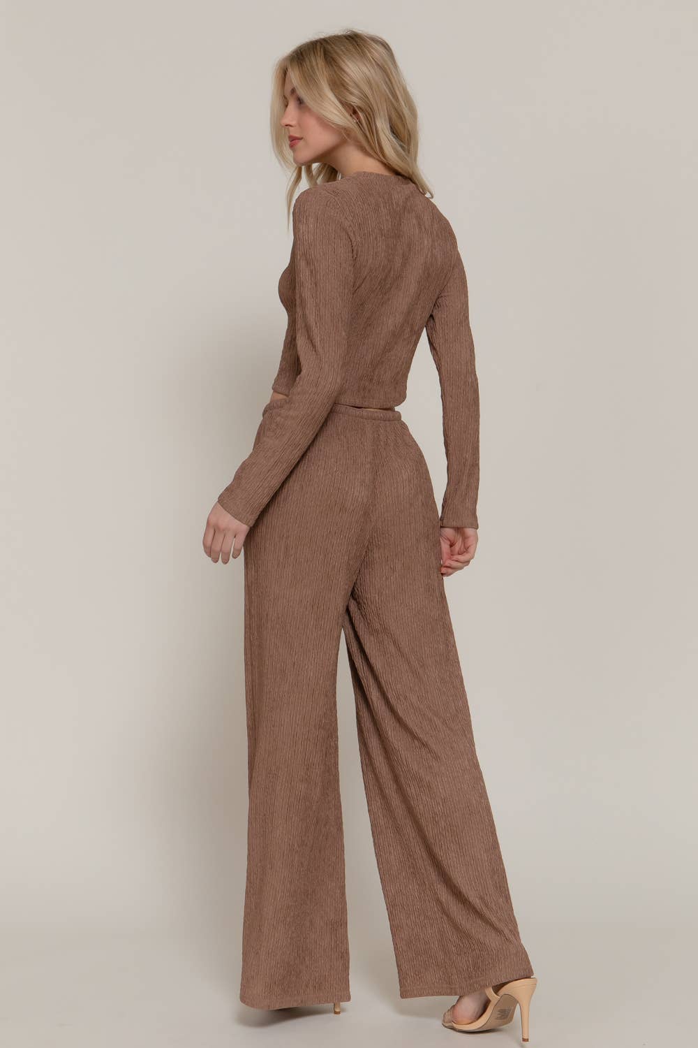Two-piece mocha lounge outfit featuring drawstring waist and side pockets.
