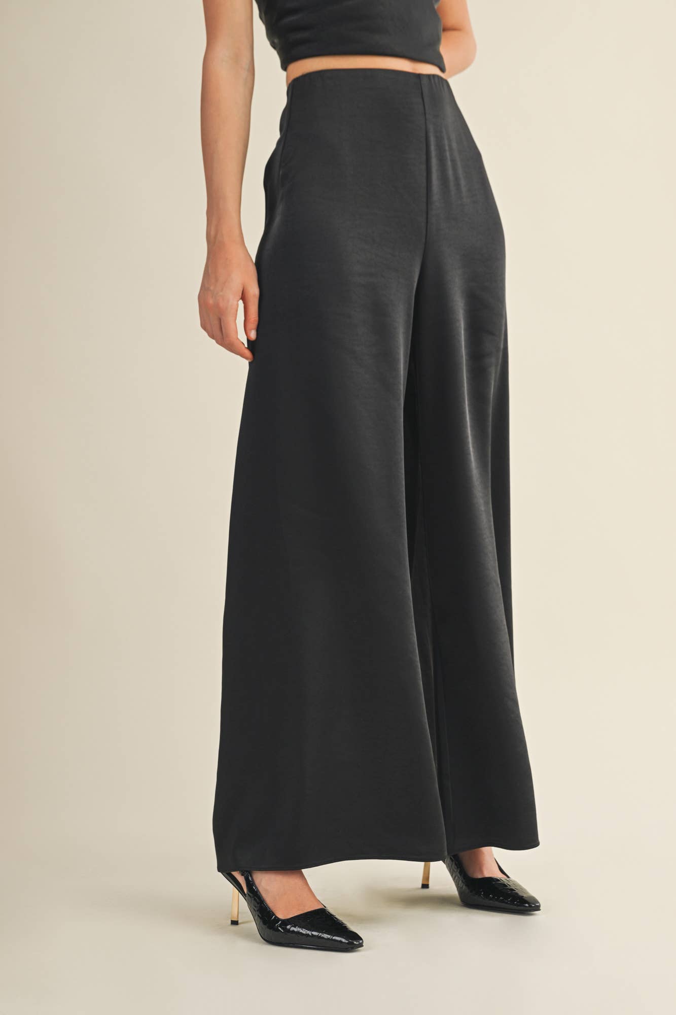 The Aria Black Satin Wide-Leg Pants – Back Zip