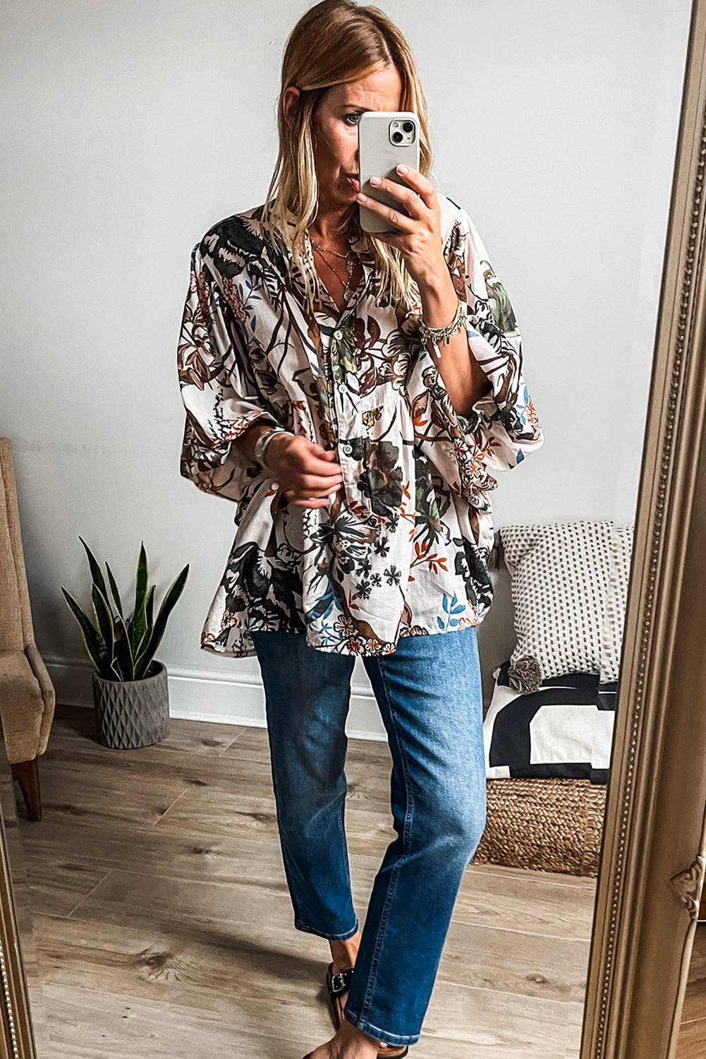 The Emily Boho Botanical Balloon Sleeve Blouse
