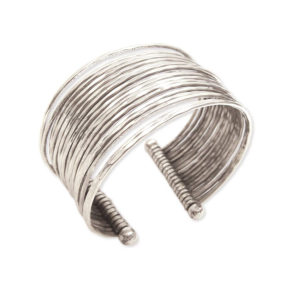 Silver Metal Thin Hammered Bunch Cuff Bracelet