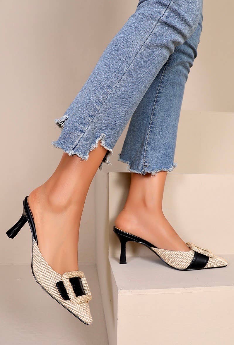 Jora Crystal Buckle Woven Kitten Heel Mules