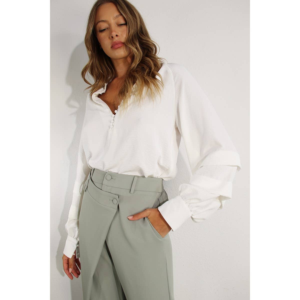 The Mila Fold Sleeve Detail Button Down Blouse
