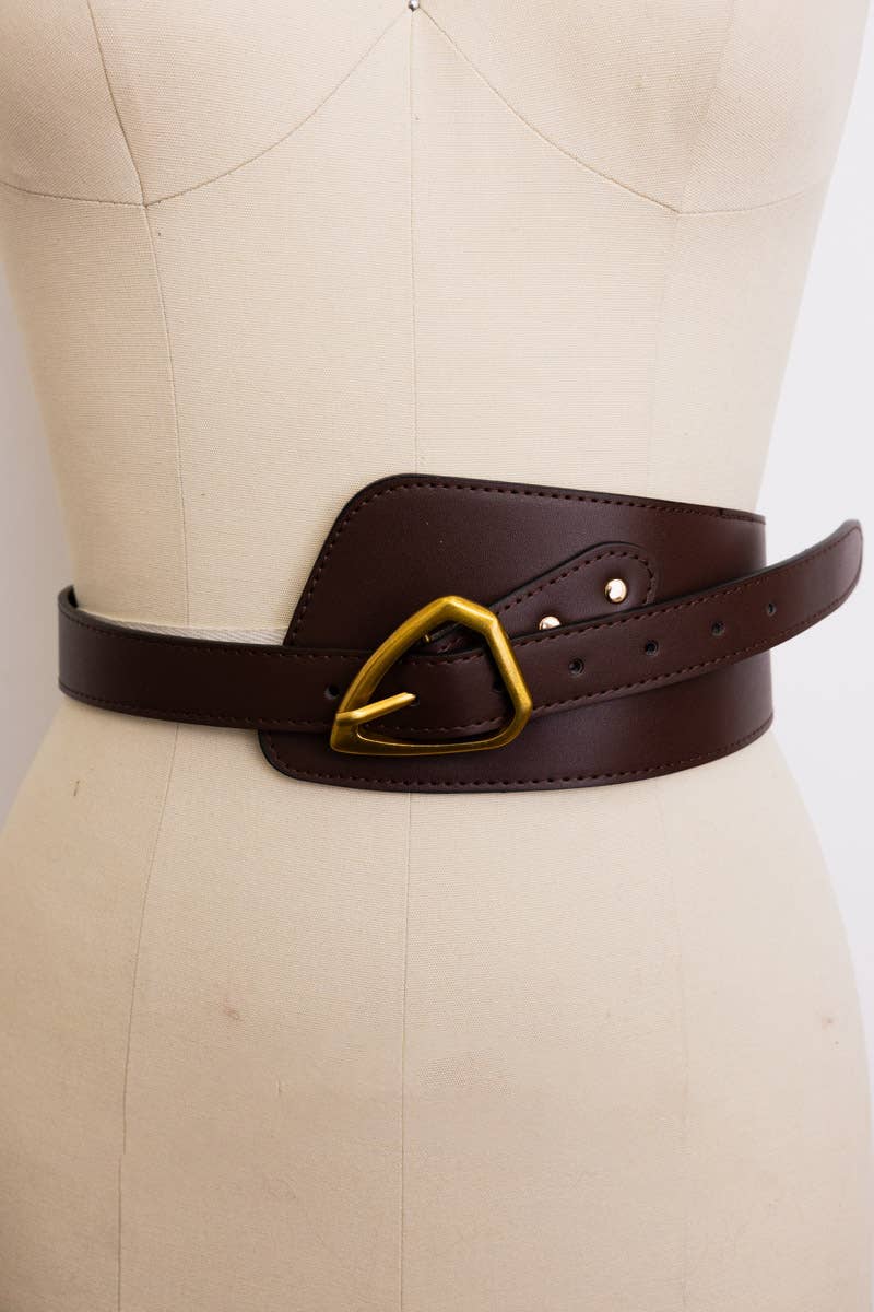 Pre-order: Asymmetrical Buckle Wide Waist Belt - Dark Brown