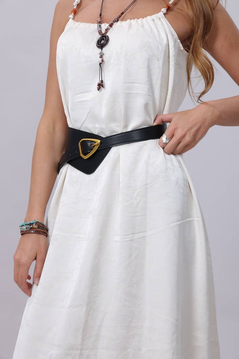 Pre-order: Asymmetrical Buckle Wide Waist Belt - Black