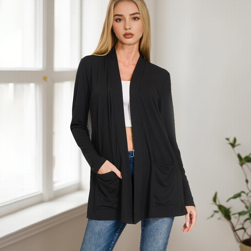 Casual black open cardigan with pockets styled for everyday wear.