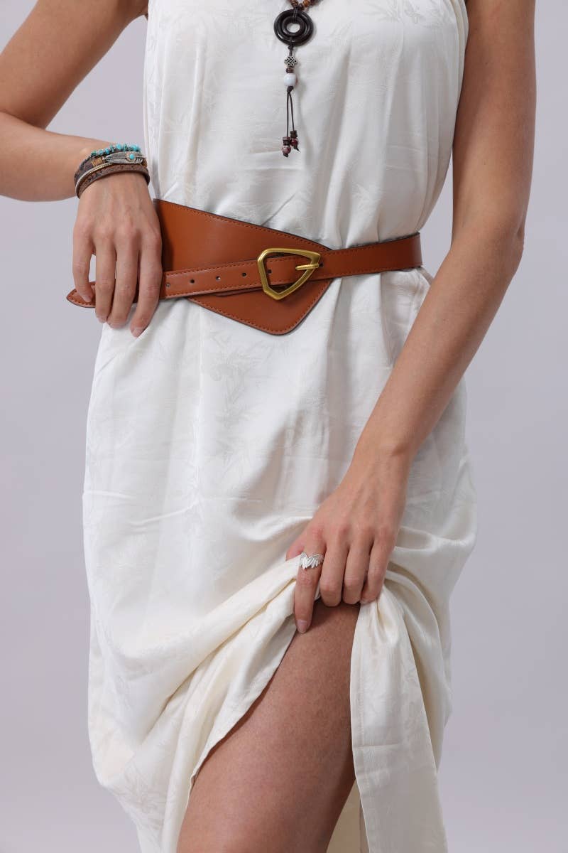 Pre-order: Asymmetrical Buckle Wide Waist Belt- Camel