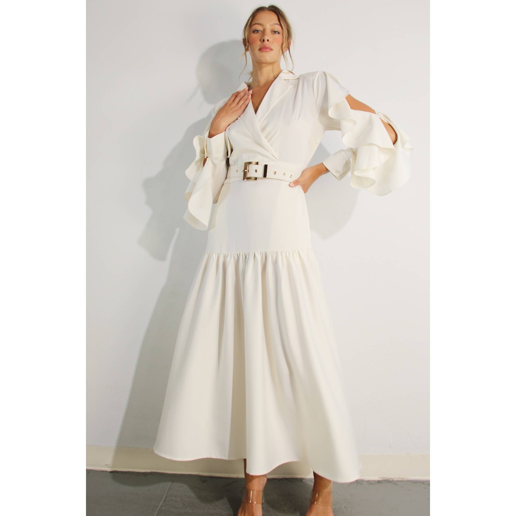 The Dylan Collared Long Ruffle Sleeve Dress