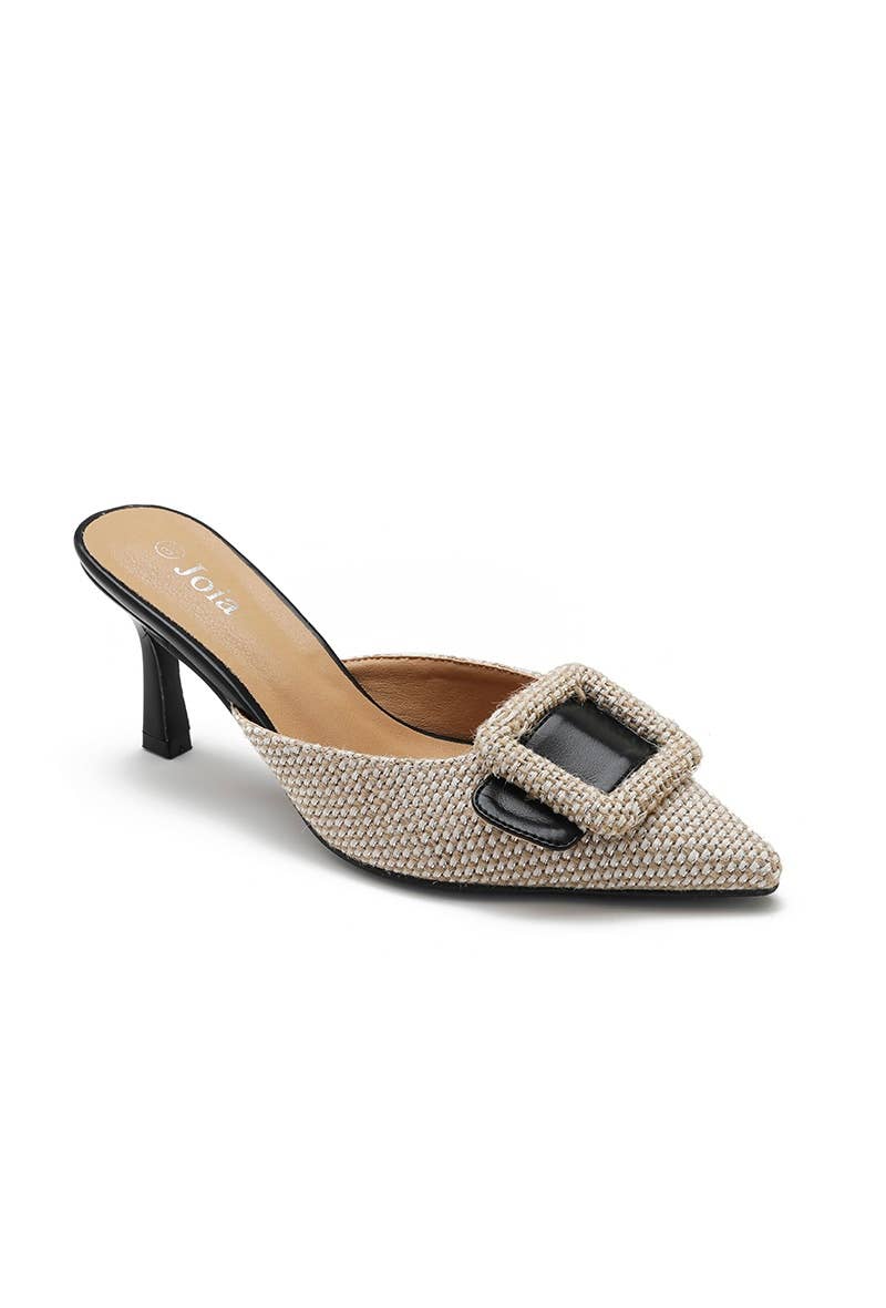 Jora Crystal Buckle Woven Kitten Heel Mules