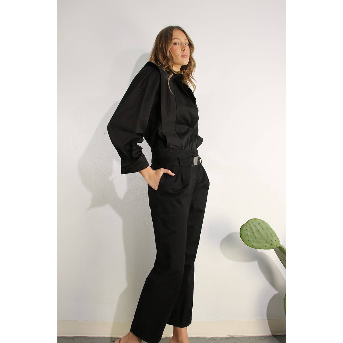 Structured High-Waist Belted Black Pants