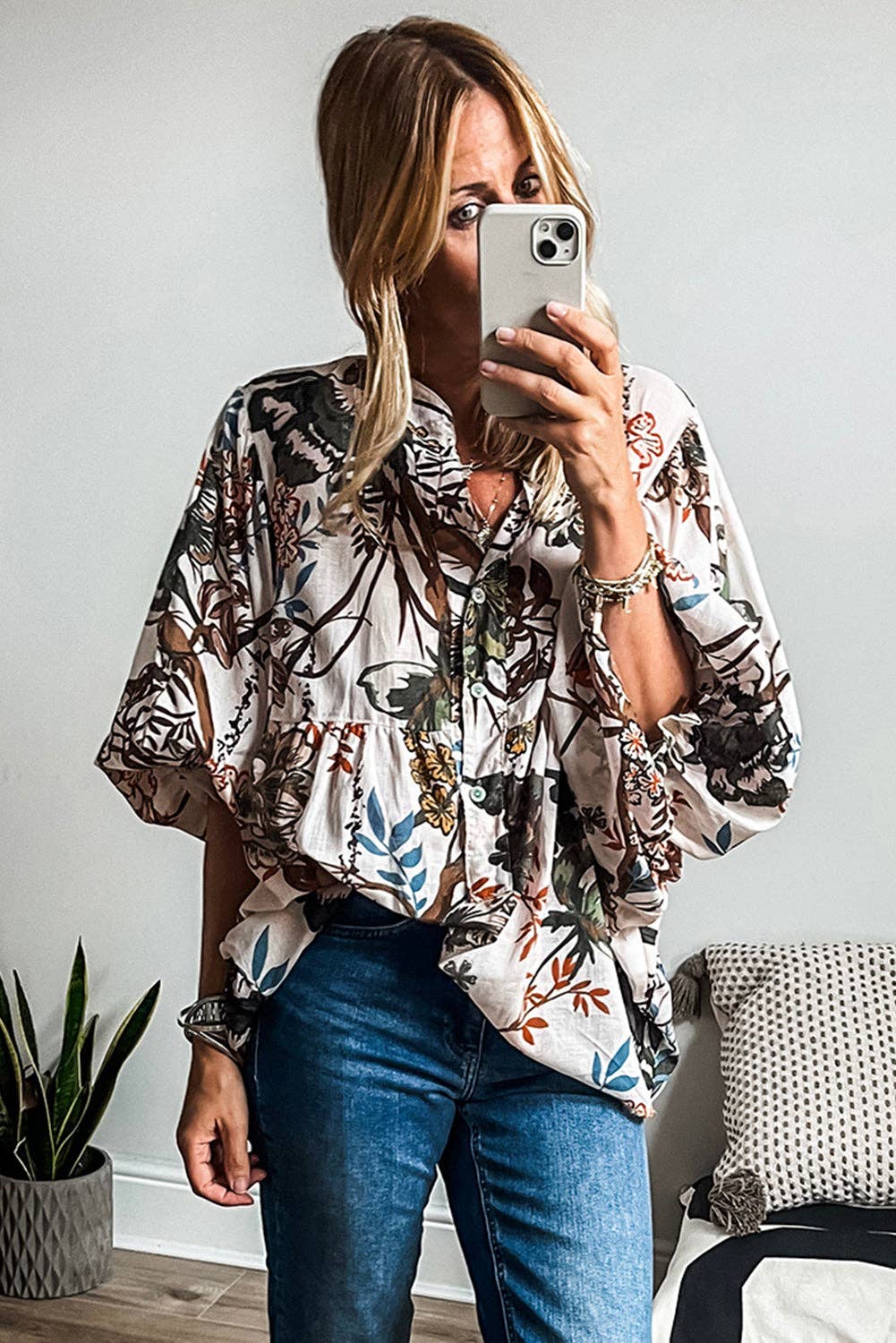 The Emily Boho Botanical Balloon Sleeve Blouse