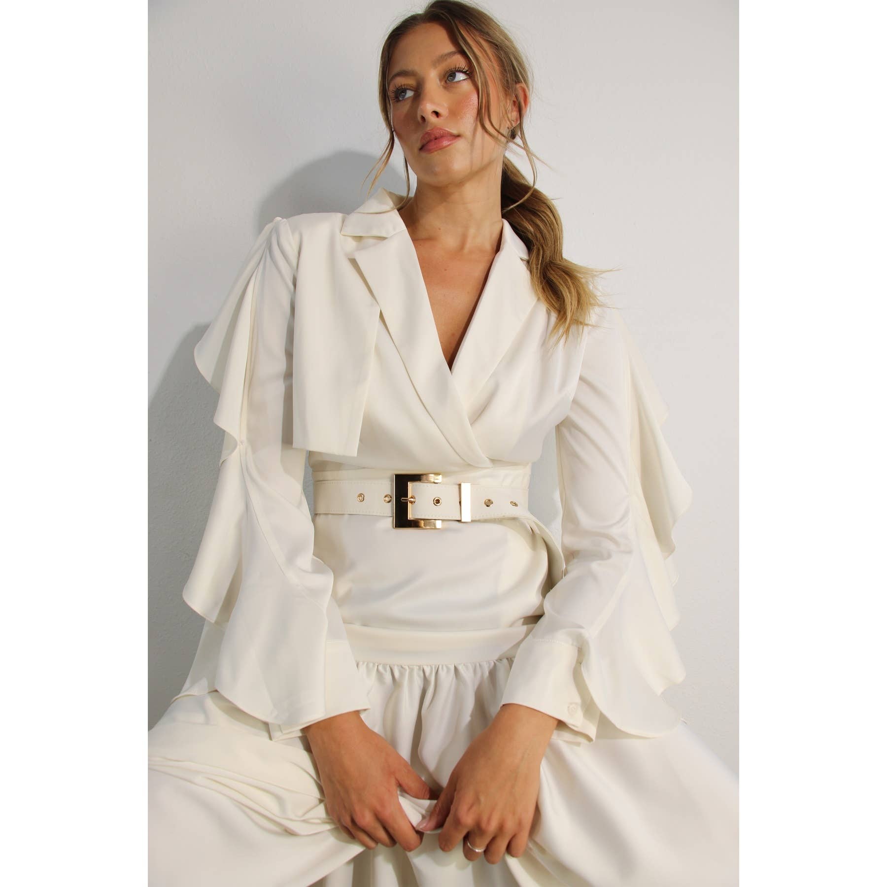 The Dylan Collared Long Ruffle Sleeve Dress