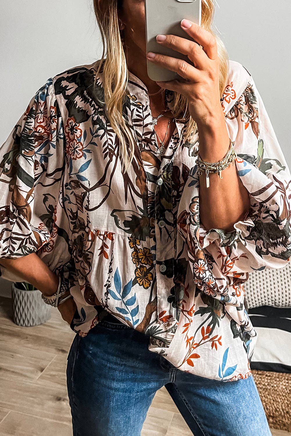 The Emily Boho Botanical Balloon Sleeve Blouse